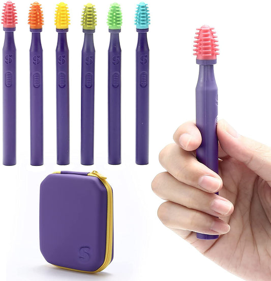 Sensory Mouth Brushes and Oral Stimulation Tools for Kids and Adults, 6 Pack, with Soft Textured Heads, Travel Case Included